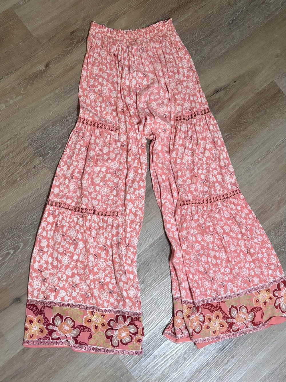 Angie Coral Pink Floral Tiered Wide-Leg Pants